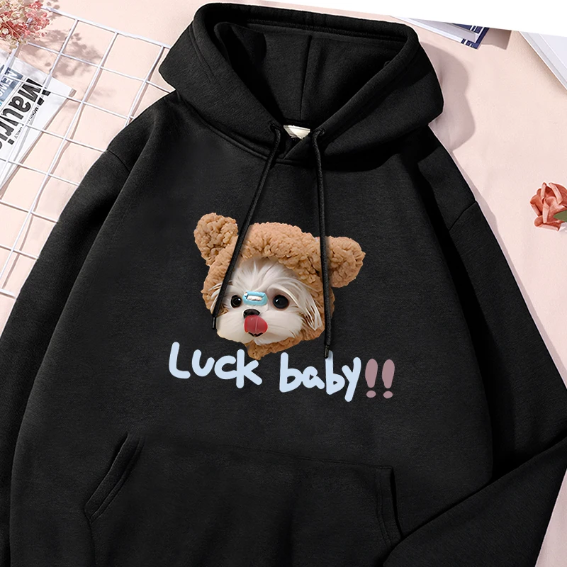 

Lucky Baby Dog Printing Clothes Women Simple Crewneck Versatile Hooded Street Oversize Pocket Hoodies Autumn Fleece Warm Tops