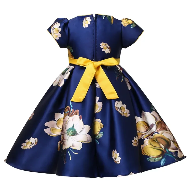 Robes en satin à imprimé floral pour filles, vêtements de princesse décontractés pour enfants, nœud floral, fête d'anniversaire, mignon, 3-10T