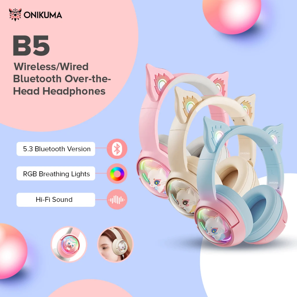 ONIKUMA B5 Cuffie da gioco Tri-Mode Suono surround Microfono staccabile Simpatico cartone animato RGB PS4 PS5 Switch PC iPad Giocatori over-ear Bambini