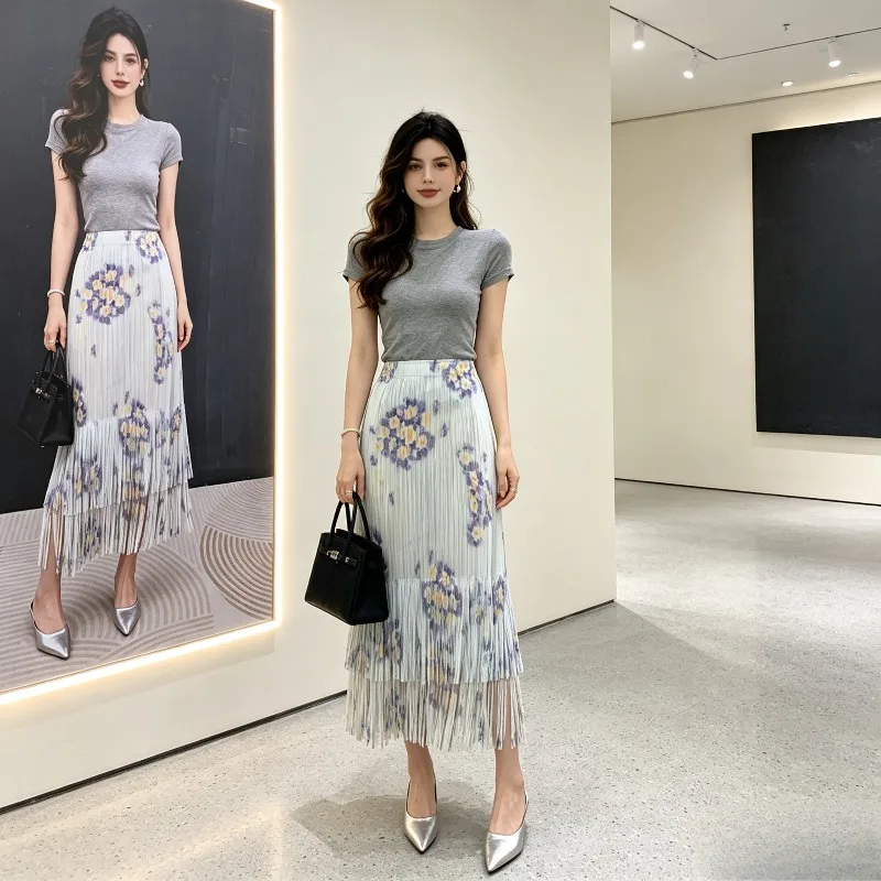 Summer New Miyake Pleated Original 2026 Fashion Casual Pleated Printed Tassel Skirt Elegant Loose Commuter Women's Wear Pleat