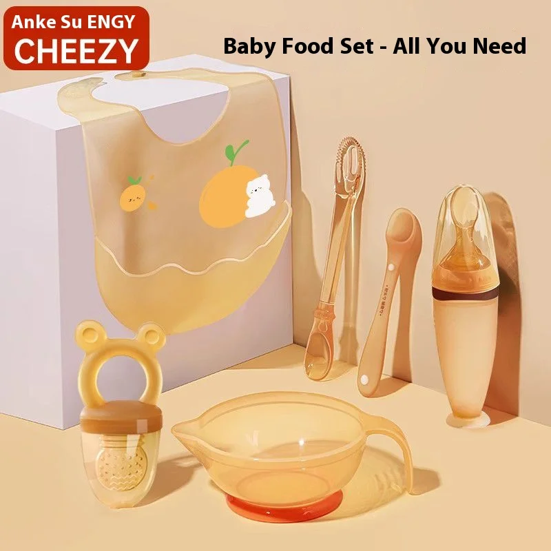 

Baby feeding set with bowl and spoon, suitable for weaning tools, soft silicone spoon, anti slip soup bowl, safe baby meal