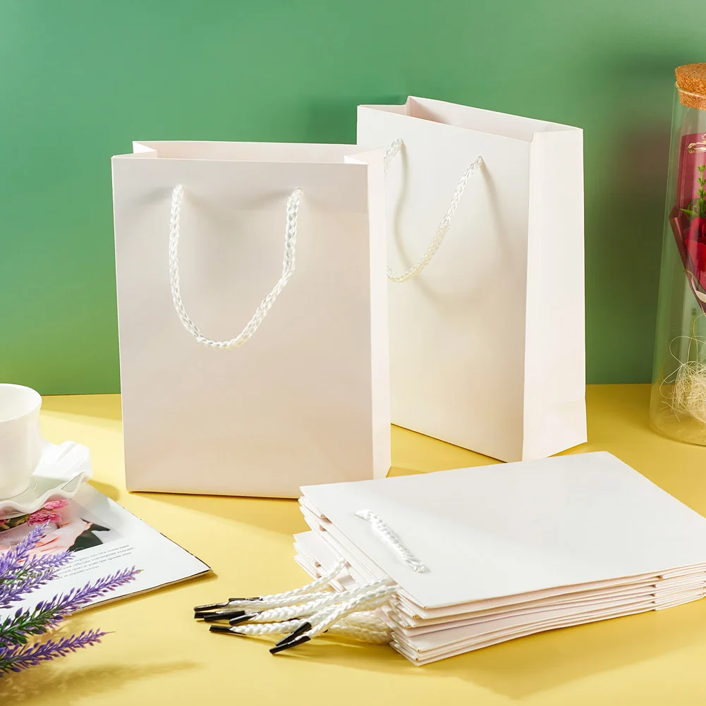 10pcs White Rectangle Folding Kraft Paper Gift Bags with Handle Jewelry Shopping Bag Multifunction Recyclable Paper Bag