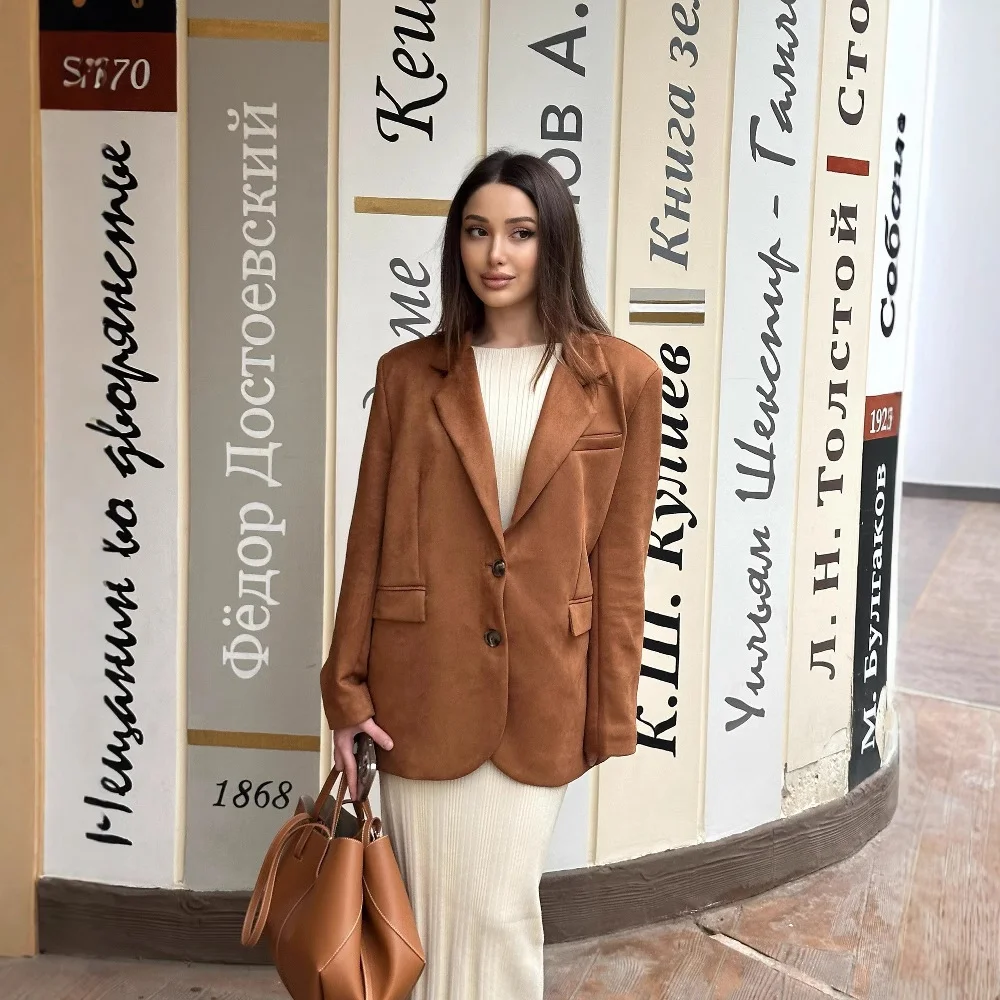 Tesco Casual Women Coat Light Brown Notch Lapel Single Breasted Jacket Flap Pocket Women's Blazer 2025