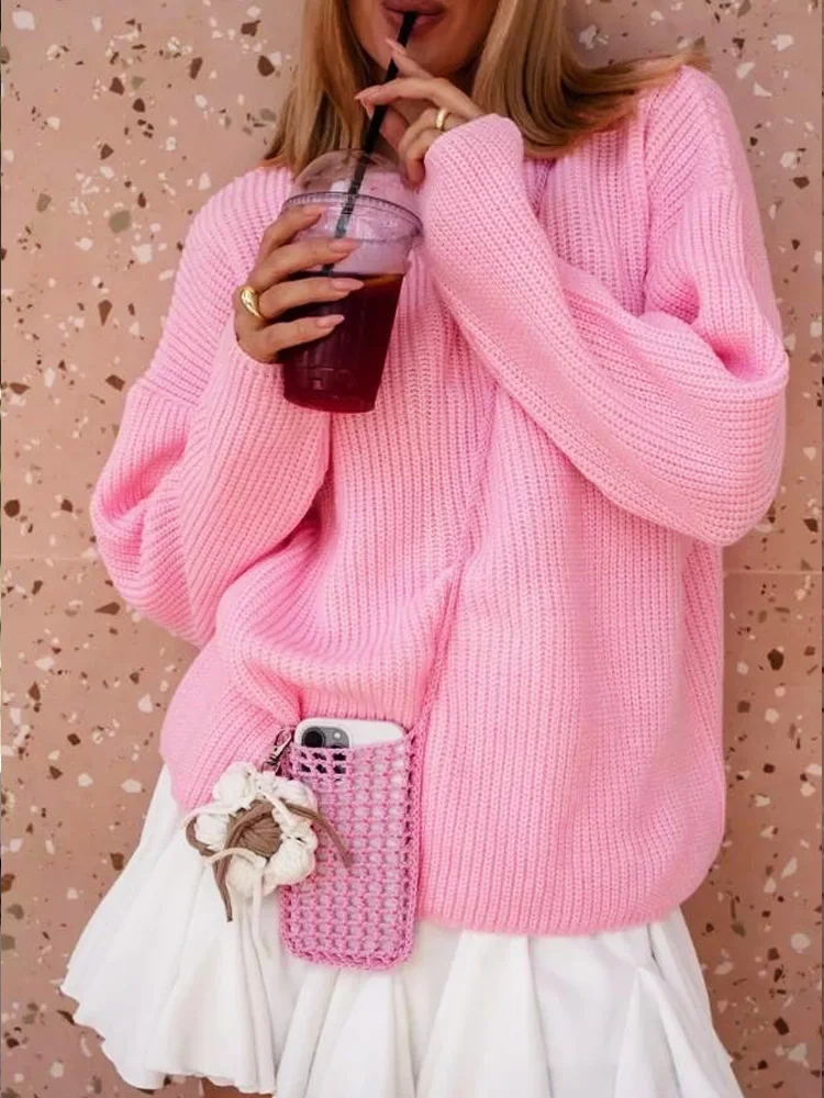 Women`s Sweater Fashion Autumn Winter Pink Cozy Long Sleeve Knitted Top Loose Pullover Coat For Women Clothes Sales 3174