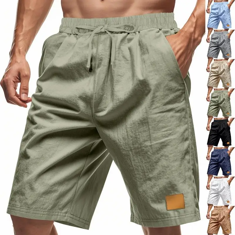 

Мужские тонкие льняные дышащие пляжные спортивные шорты, летние спортивные шорты свободного кроя длиной до колена, изготовленные из 00% льна, цвета хаки.