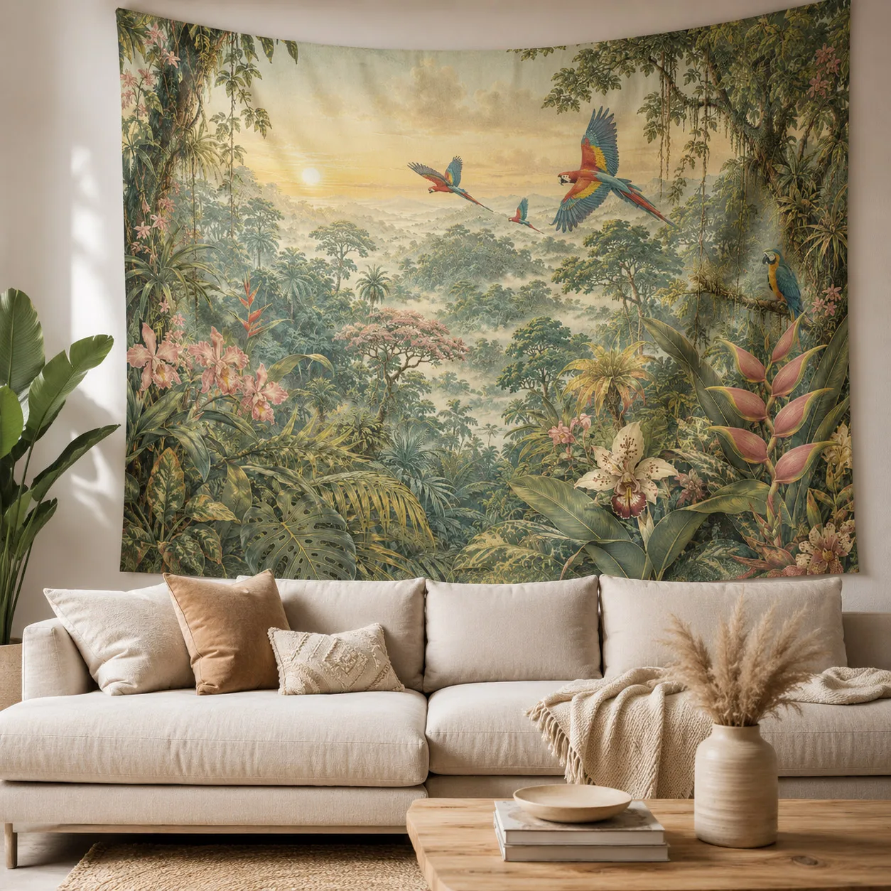 Tropical Rainforest Tapestry Sunset Forest Landscape Wall Hanging Aesthetic Room Decor for Bedroom Living Room Photo Backdrop