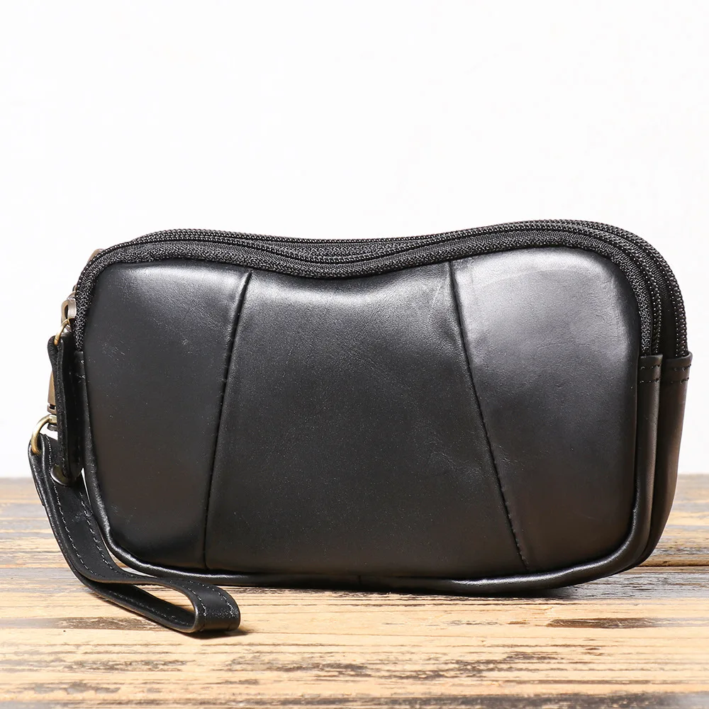 LJ-1897 Echt lederen draagbare telefoontas voor dames, multifunctionele portemonnee met dubbele ritssluiting van koeienhuid