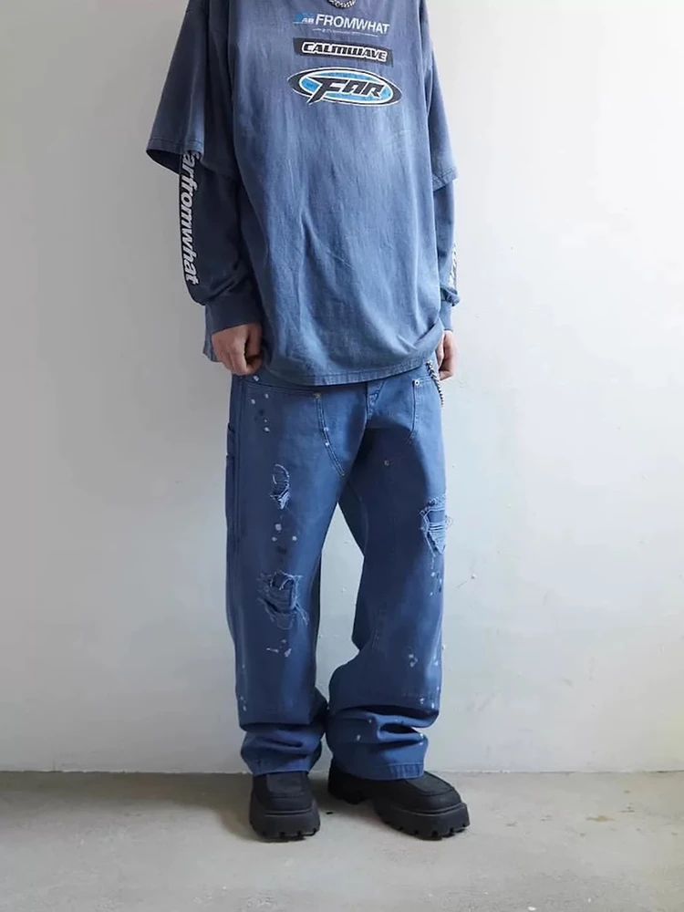 

Мужские повседневные брюки Street Sle свободного кроя, прямые, из хлопка, рабочие, карго, с принтом Splaed Ink, с высокой талией и застежкой на пуговицах