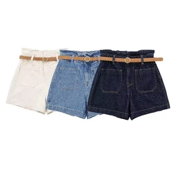 Willshela Women Fashion With Belt Denim Solid Front Zipper Mini Skirts Shorts Vintage Mid Waist Female Chic Lady Shorts