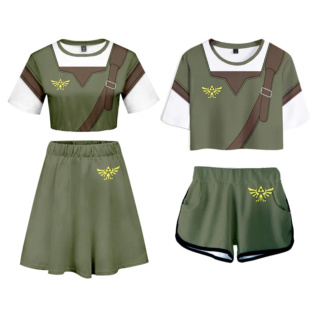 Link Cosplay Costume Women Summer T-shirt Crop Top Skirt Shorts Set Girls Outfit Fantasia Halloween Carnival Party Disguise Suit