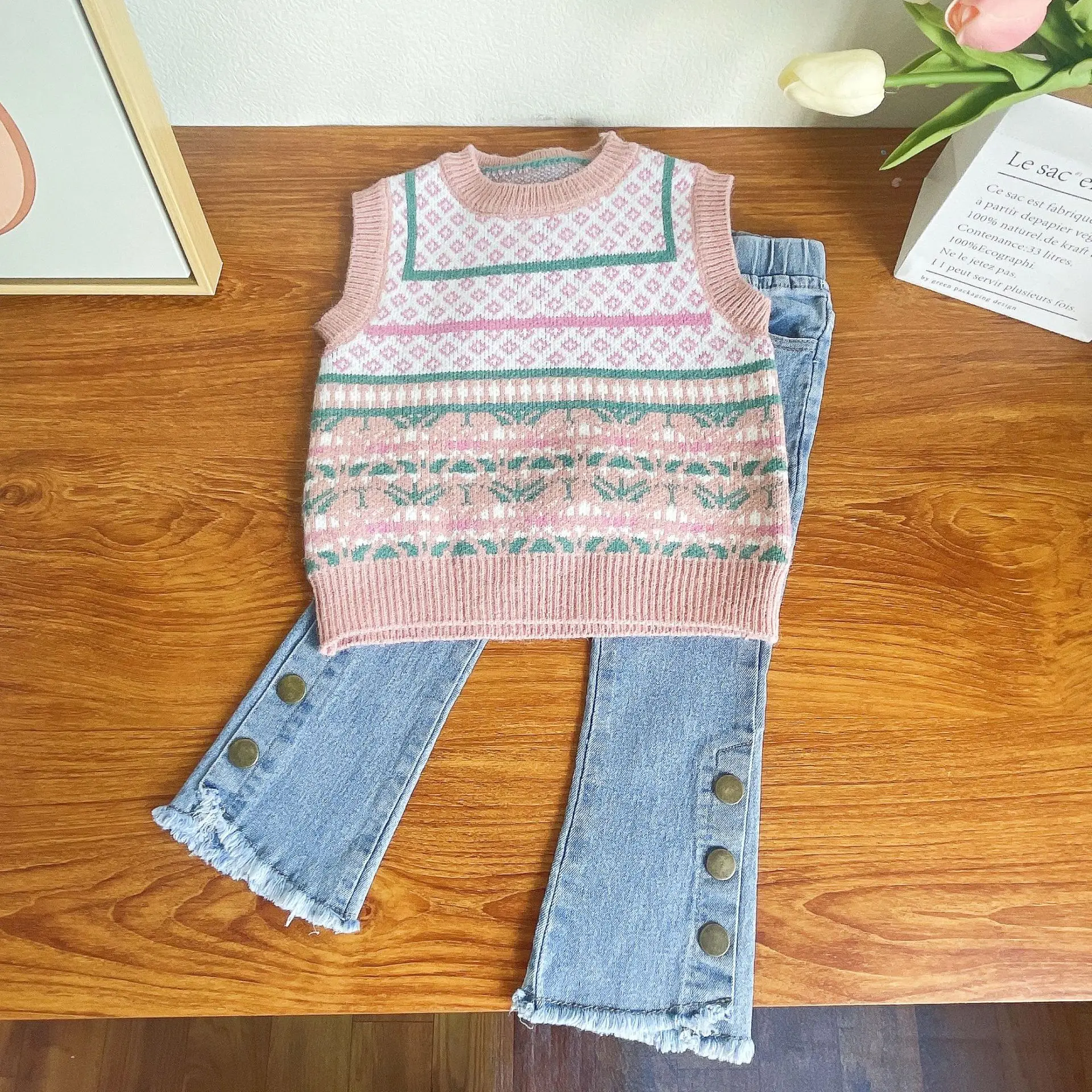 2023 Autumn/Winter New Girls\' Clothing Set Vintage Style Sweater Tank Top+Bottom Shirt+Cowboy Bell Pants 3pcs Children Clothes