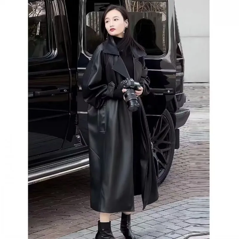 Long oversized leather trench coat for women long sleeve lapel loose fit Fall Stylish black women clothing streetwear