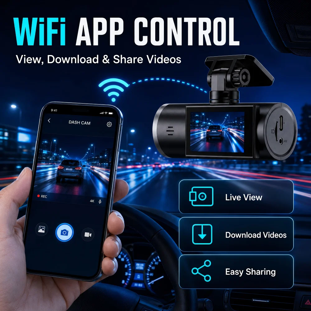 Cámara para Auto AUBERON 4K con Doble Lente, 4K Frontal + 1080P Trasera, WiFi, Visión Nocturna, Sensor G, Grabación en Bucle, DVR para Vehículos