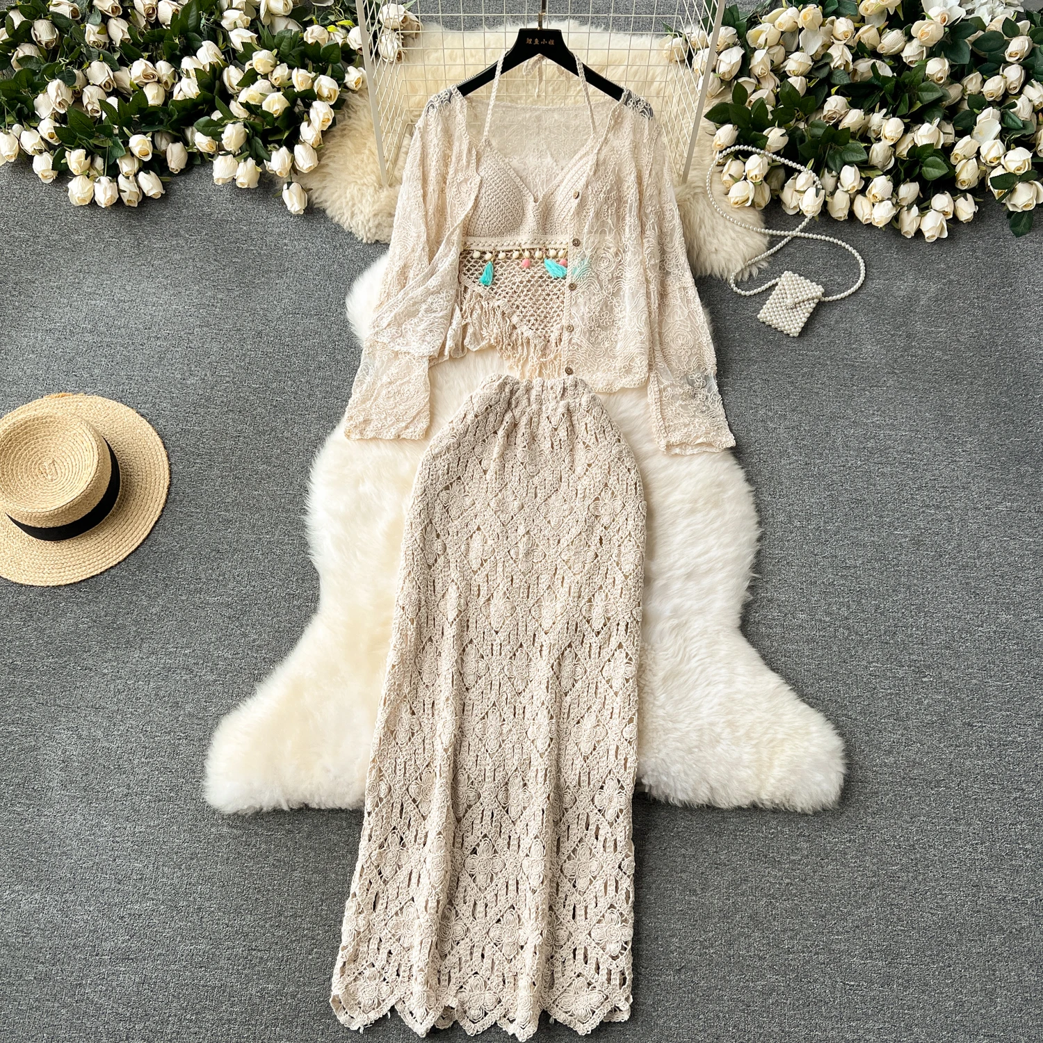

Women Summer Tropical Crochet Bikini Outfit Ethnic Vintage Tassel Bohemian Suit Sets Beach Holiday Island Bali Thailand Swimwear