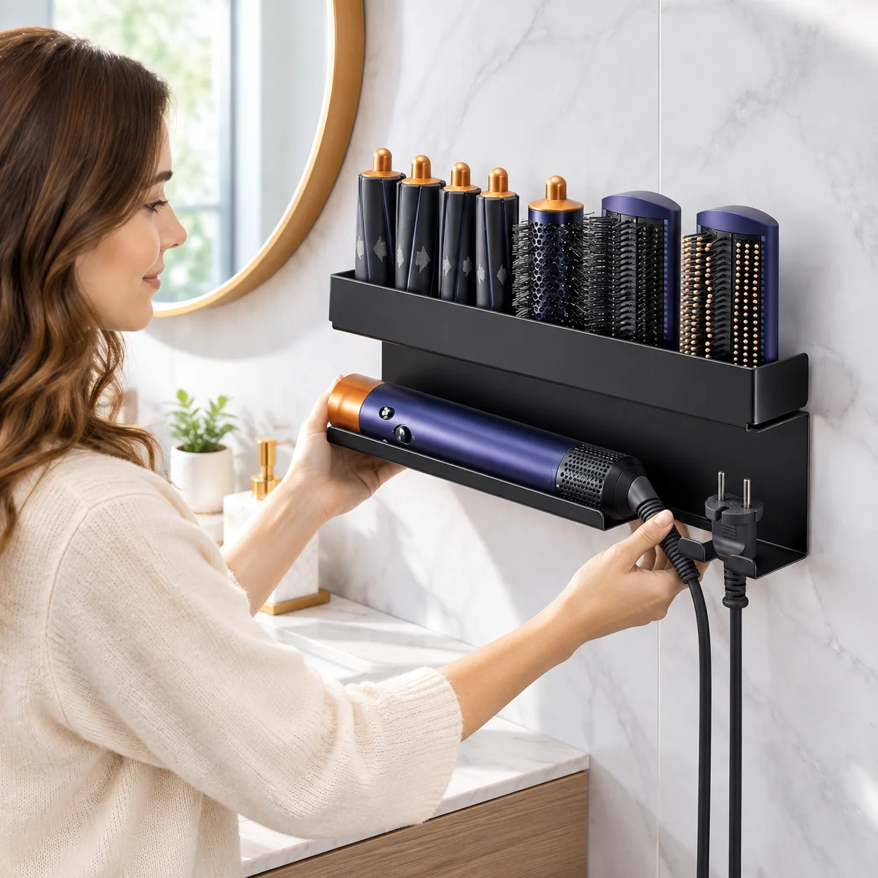 Wall Mounted Airwrap Storage Holder, No Drill Hair Curler Organizer Rack, Metal Hair Styling Tool Shelf for Brushes & Attachment