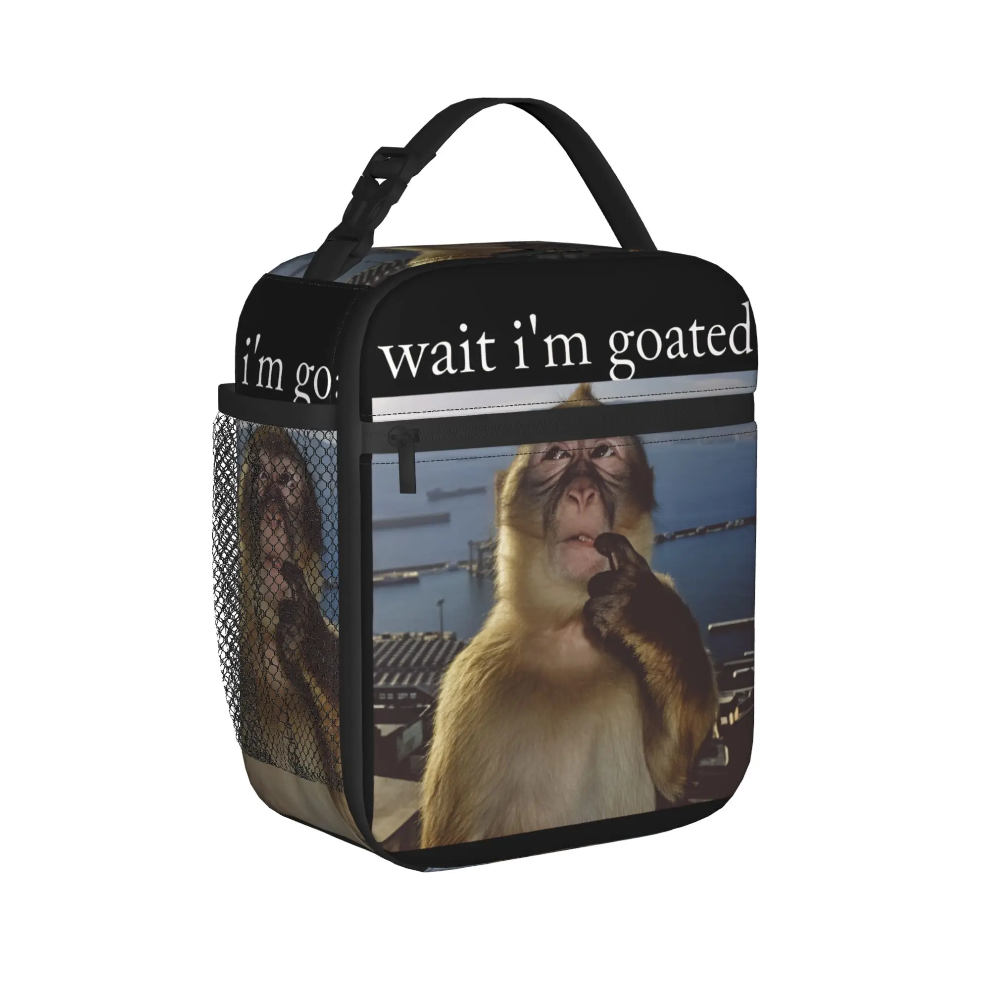 

Wait Im Goated Monkey Meme Lunch Bag Leisure Lunch Box Outdoor Picnic Portable Zipper Thermal Lunch Bags Oxford Cooler Bag