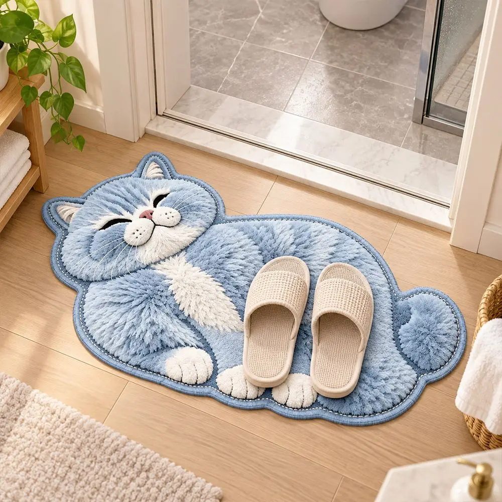 Cute Crystal Velvet Cat-Shaped Area Rug Soft Non-Slip Entryway Floor Mat Washable 2D Bedside Door Mat Home Decor