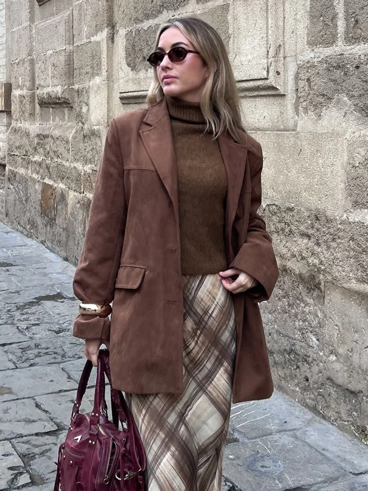 HH Herfst Damesmode Effen Turn-down Kraag Single-breasted Blazer Jas Vrouwelijke Street Style Slanke Lange Mouw Losse Jas