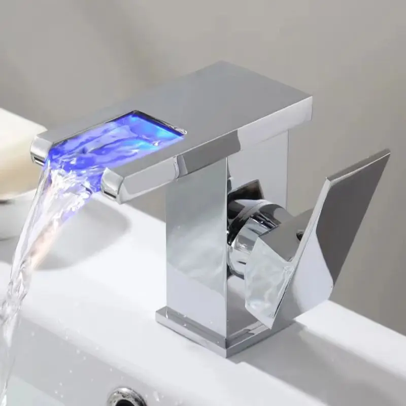 

Bathroom Hydropower LED Waterfall Faucet Temperature Colors Change Cold Hot Water Mixer Tap Deck Mounted Luminous Washbasin Tap