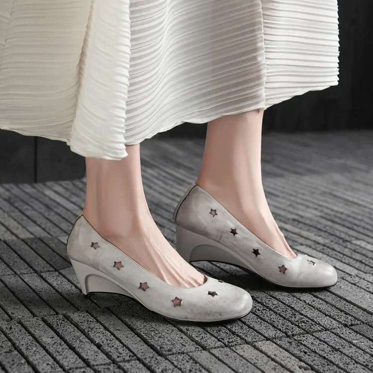 pu Leather Shallow Women Wedge Shoes Slip On Formal Dress Prom Party Pumps Hollow Out Stars Design High Heels Black Stilettos