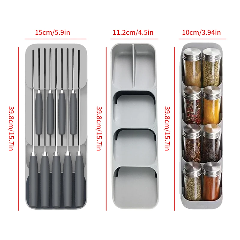 Kitchen Drawer Cutlery Storage Tray Knife Holder Spoon Forks Tableware Organizer Container For Spice Bottles Knives Block Rack