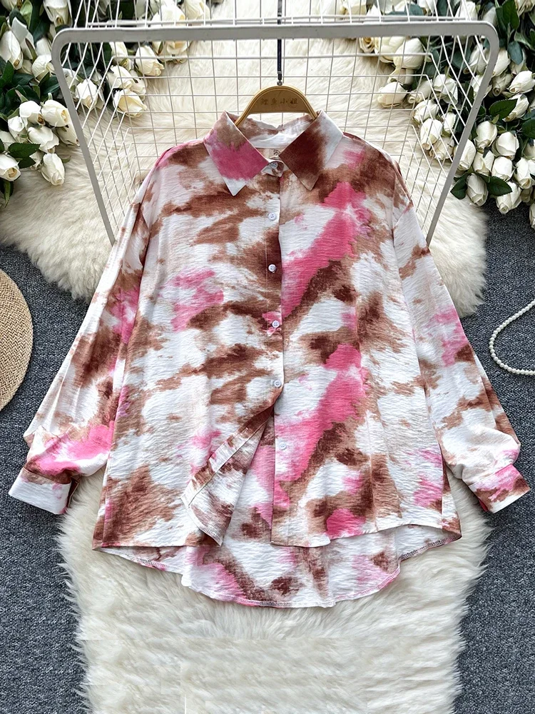 Kemeja Leher Polo Cetak Gaya Perancis Retro Musim Semi Musim Gugur untuk Wanita Atasan Blus Lengan Panjang Longgar dan Unik Modis Baru C165