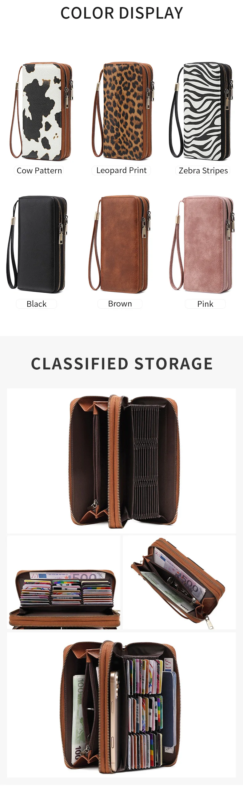 MIYIN Retro RFID-Diebstahlschutz Dreifach-Geldbörse Leopardenmuster Große Kapazität Doppelreißverschluss Handtasche Damen-Clutch mit Handgelenkschlaufe – Detail 3