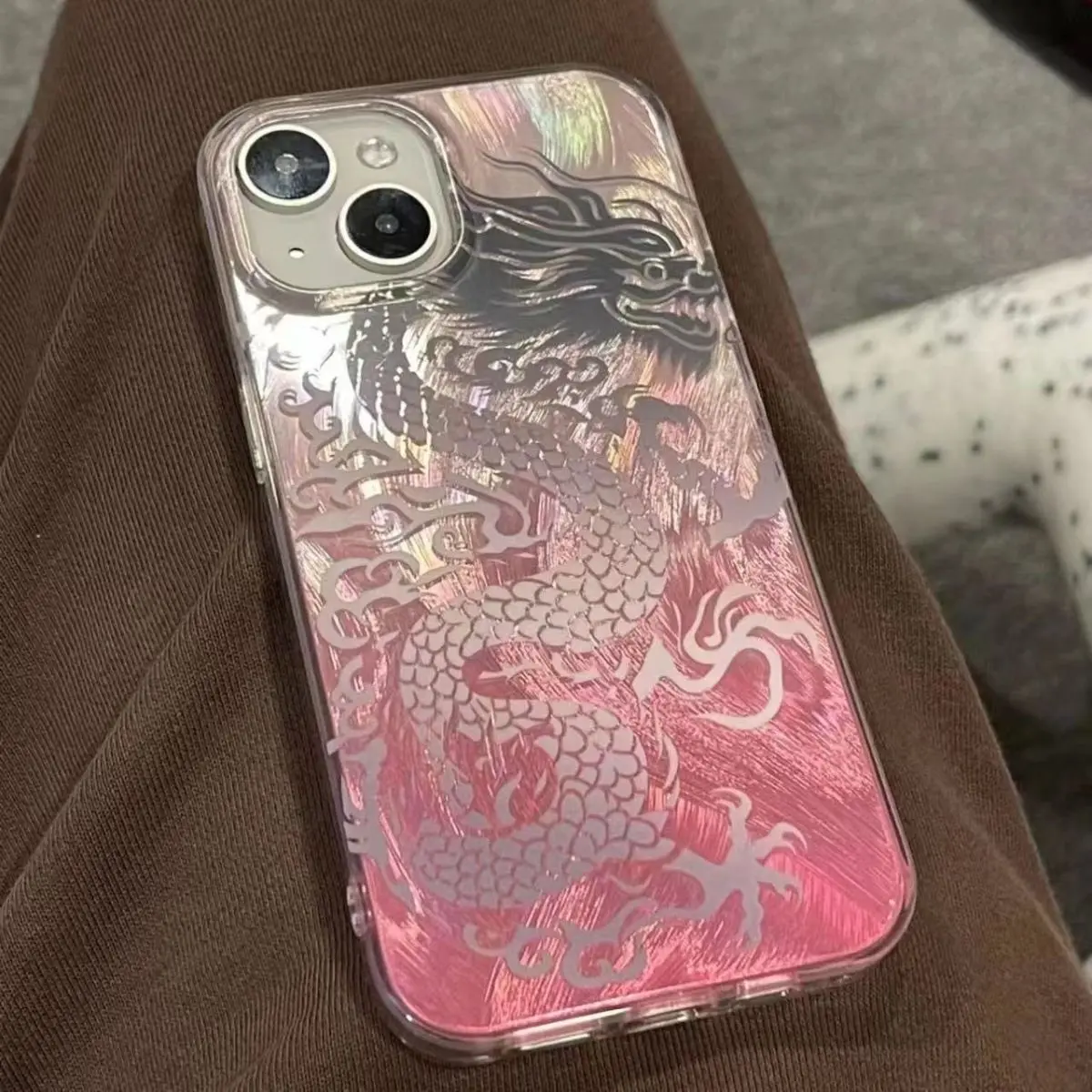 Pink Gradient Chinese Loong Pattern Phone Case For iPhone 17 16 15 14 13 12 11Pro Max XR XS MAX 78PLUS Air INS Shake Proof Cover