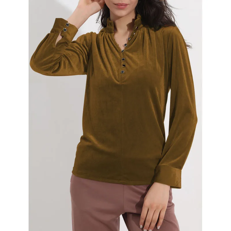 2023 New Autumn and Winter Fashion Solid Color Sexy V-neck Gold Velvet Long Sleeve Temperament Commuter Loose Ruffled Casual Top