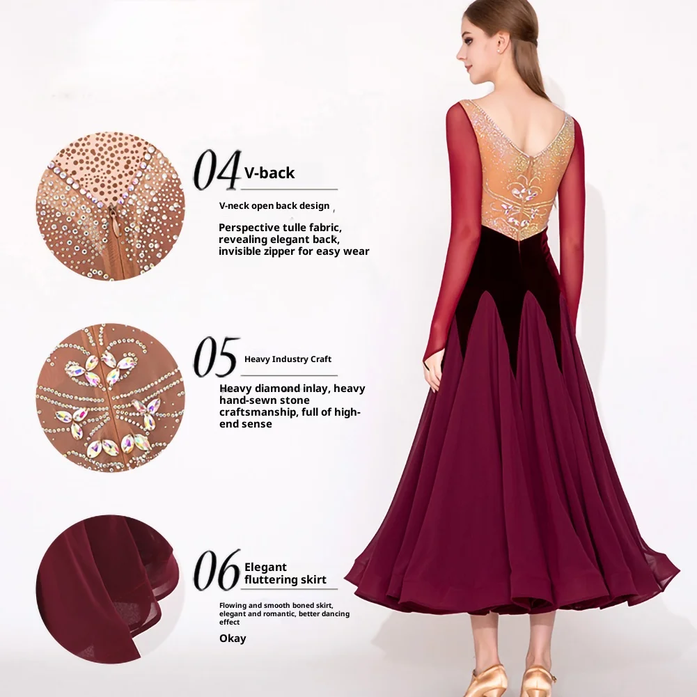 Vestido de baile nobre valsa, novo vestido de competição com strass para mulheres, saia de veludo, manga longa padrão, dança de salão