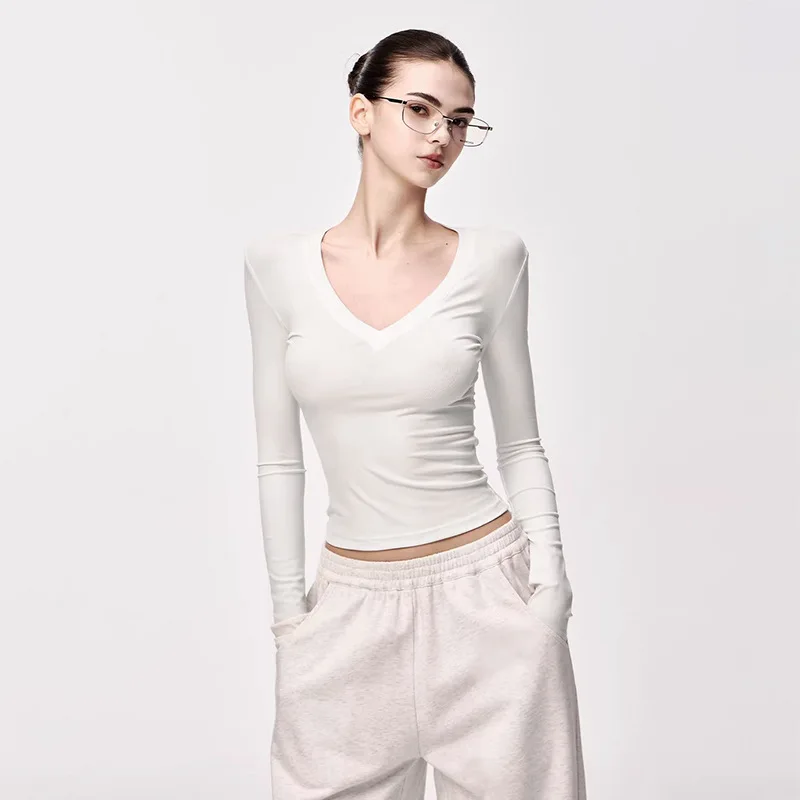 Women's Spring Autumn V-neck Slim Fit Long-sleeved Base Shirt T-shirt
