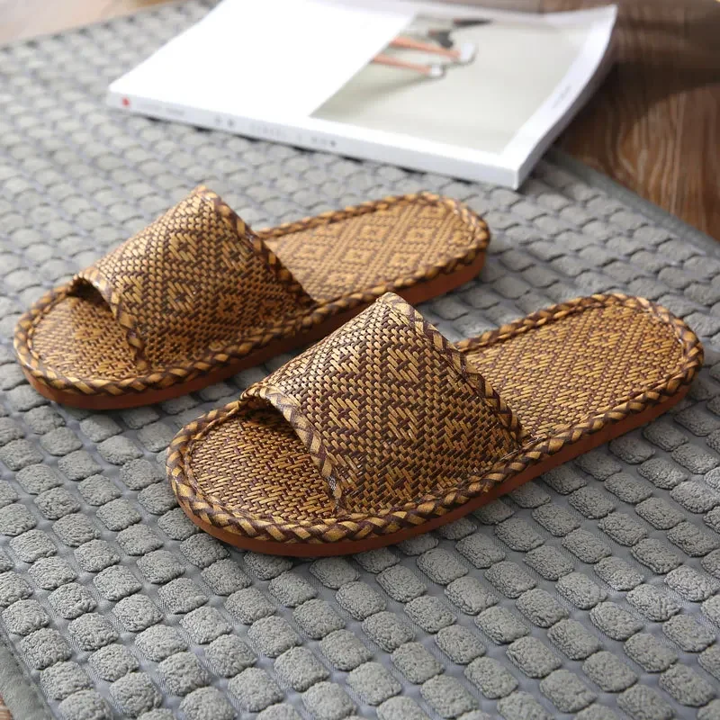 Man Woman Bamboo Weaving Home Linen Slippers Summer Cooling Floor Indoor Slides Unisex Bedroom Casual Shoes Mujer Zapatillas