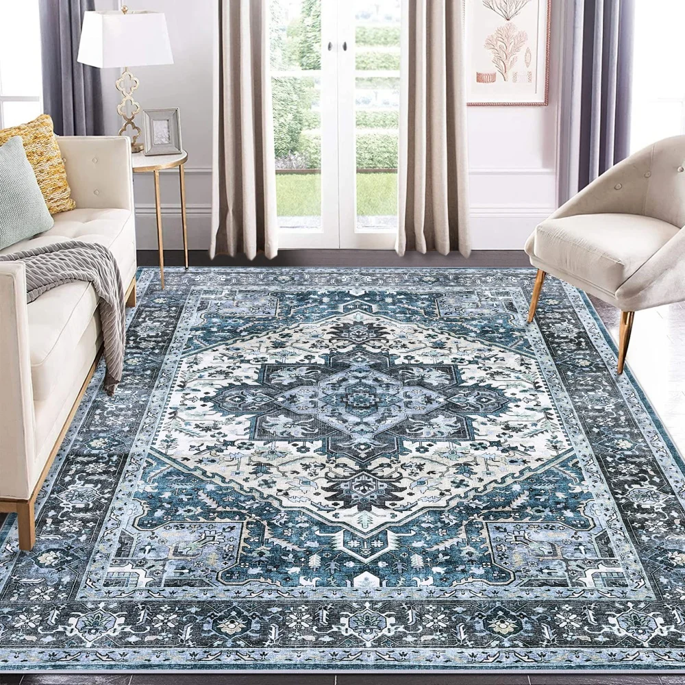 Washable Area Rugs 8x10 Living Room Rug Vintage Medallion Throw Rugs Soft Floor Cover Low Pile Non-Slip Accent Carpet Retro Rug