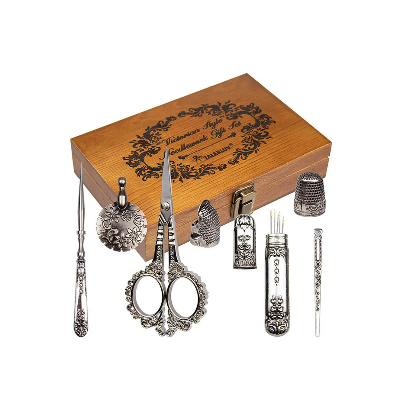 Vintage Sewing Kits Wooden Box European Style Antique Embroidery Scissors Set Retro Sewing Box Diy Craft Supplies Sewing Tools