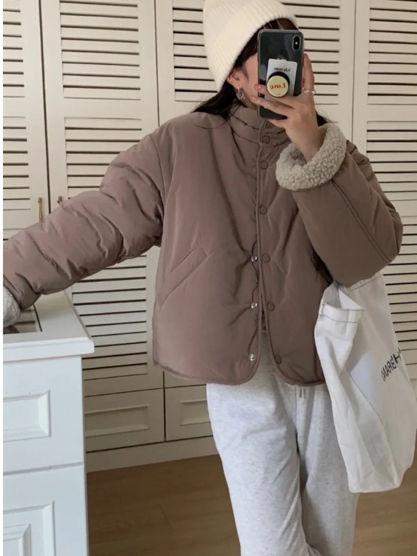 Chic Autumn Winter Double-Sided Wear Lamb Fur Jacket Thickened Women's Soft Sweet Cotton Coat Korean Style Regular Fit Outerwear