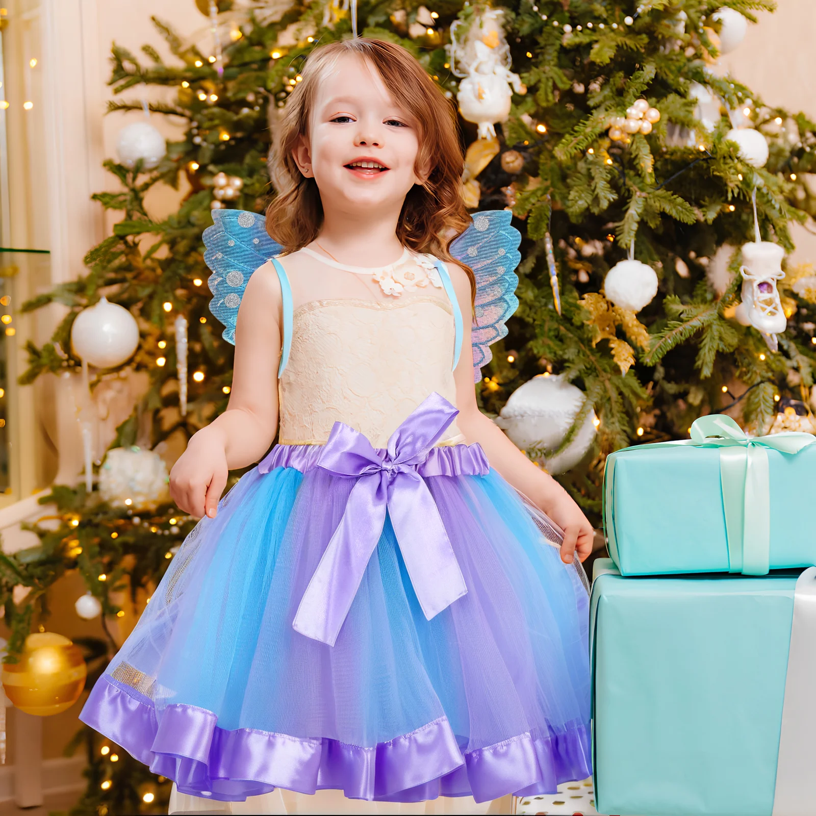 

1 set Mesh Pink Butterfly Costume Wings Elastic Tulle Princess Fairy Party Outfit Set Child Halloween Dance Sparkly