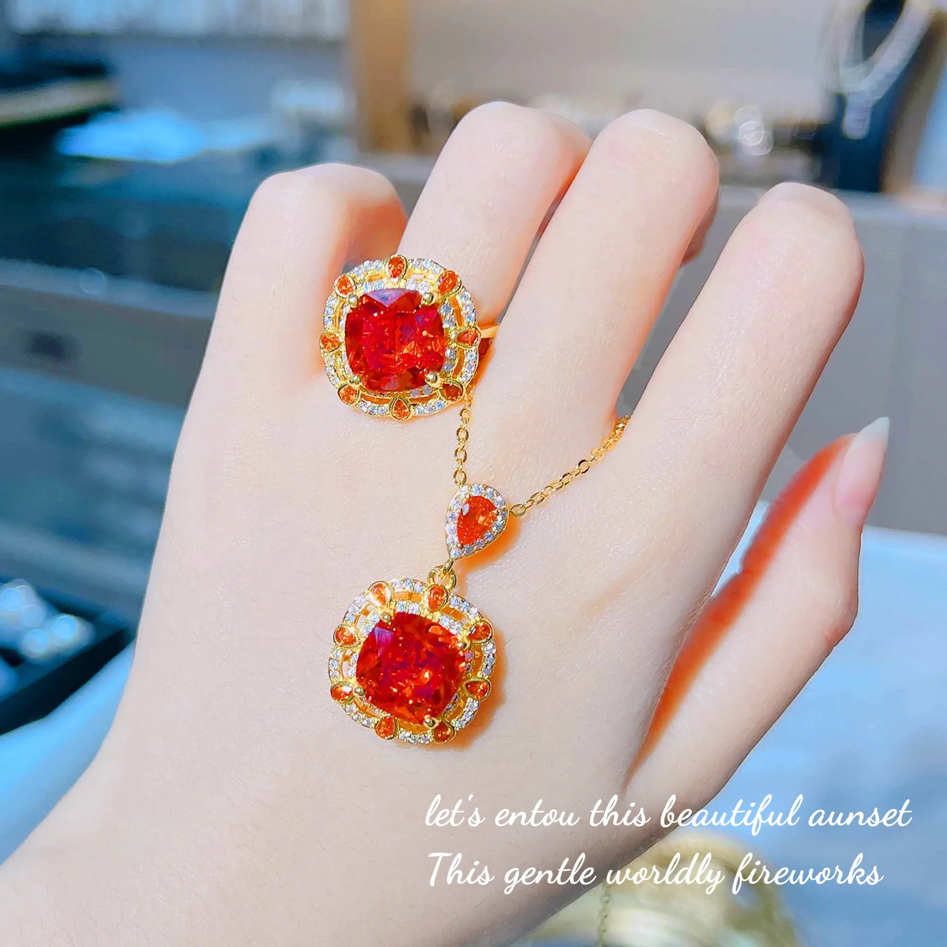 Foydjew-Conjuntos de joyas de boda de Color dorado, Colgante de Piedra naranja, collares, pendientes, anillos, simulación Padparadscha Fanta, nuevo diseño