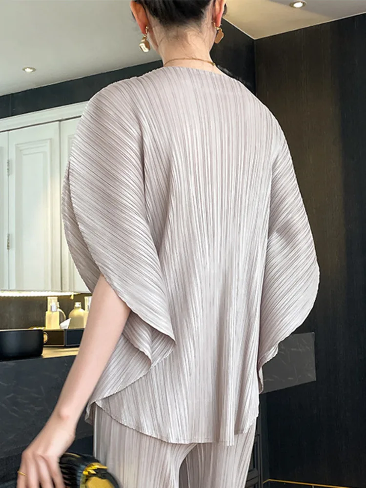 LANMREM Irregular Heart Pleated T-shirt For Women O-neck Short Batwing Sleeves Solid Tops Casual Female Clothing Summer 2YA411