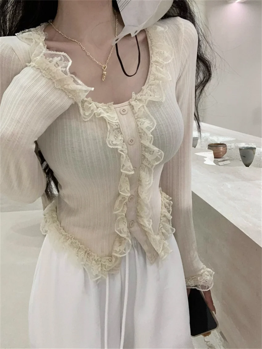 Alien Kitty Sweet Lace T-Shirts Women Chic Slim New Winter All Match Loose Ruffles Gentle Plush Warm Full Sleeve Sexy Tees