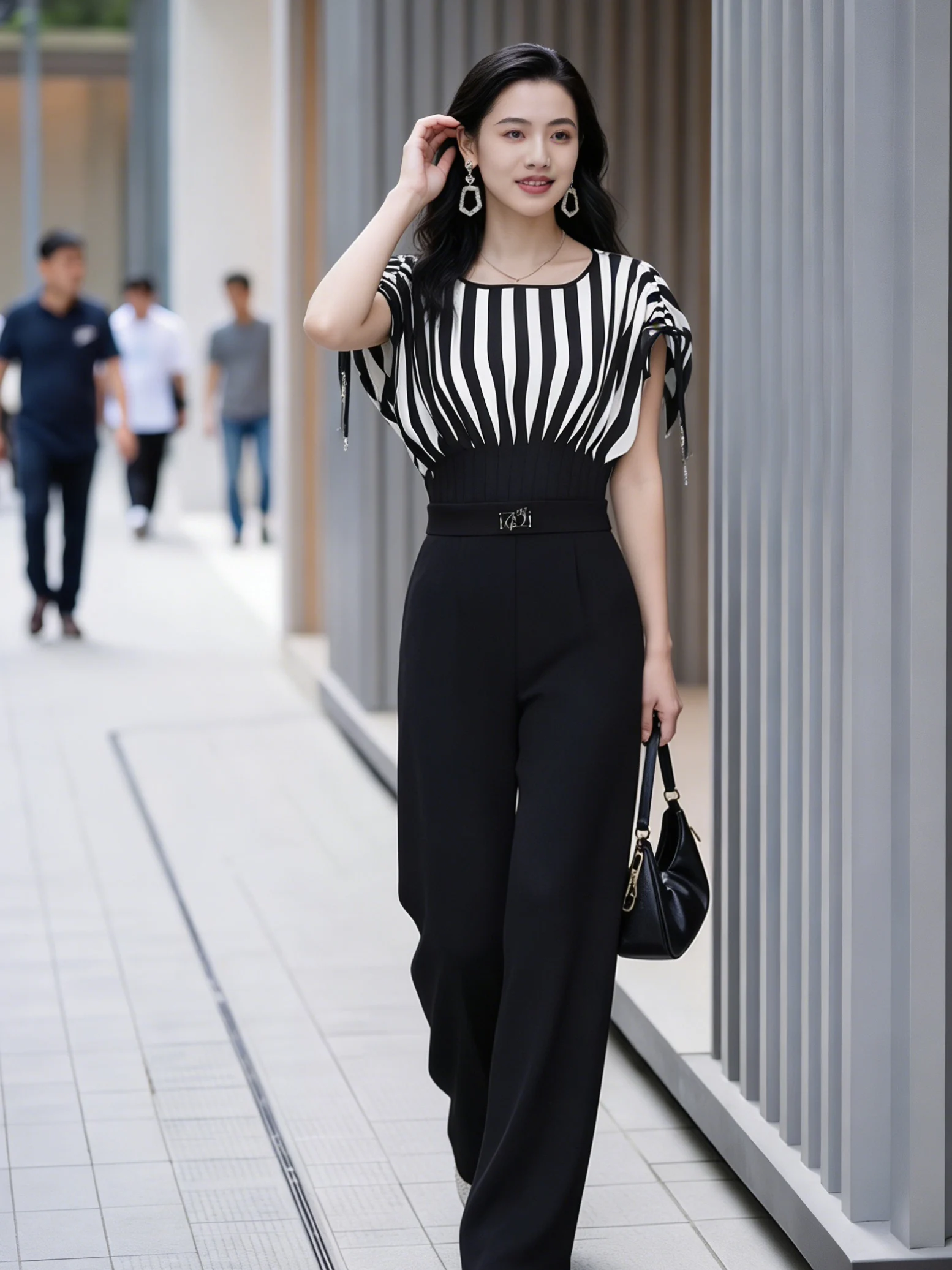 

New 2025 Summer Women's Wide Leg Split Pants Classic Bla White Stripes Waist Cinching Suit Commute Sle High Waist