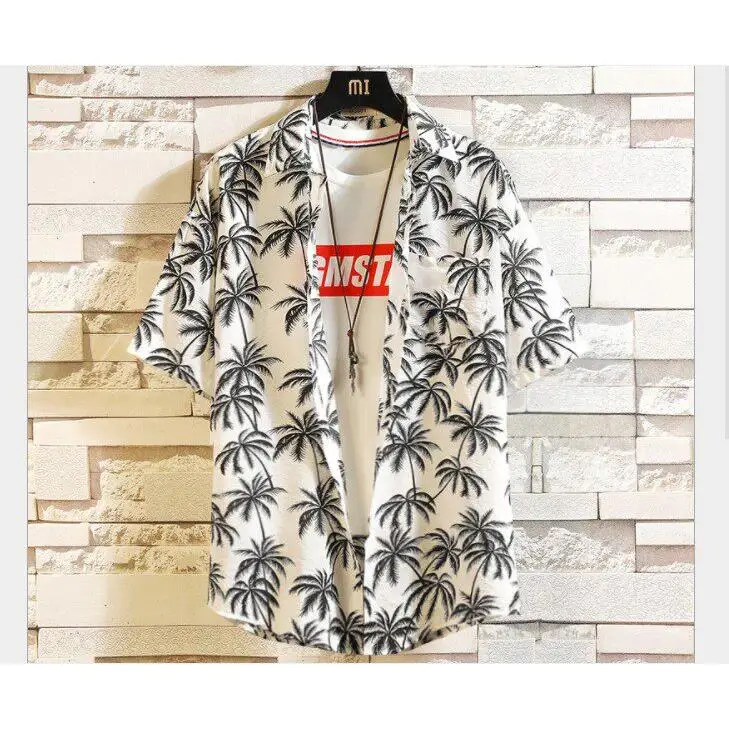 

Hawaii Aloha Floral Print Men's Shirt Summer White Nine Sleeve Casual Comfortable Cotton Inner Wear for Men