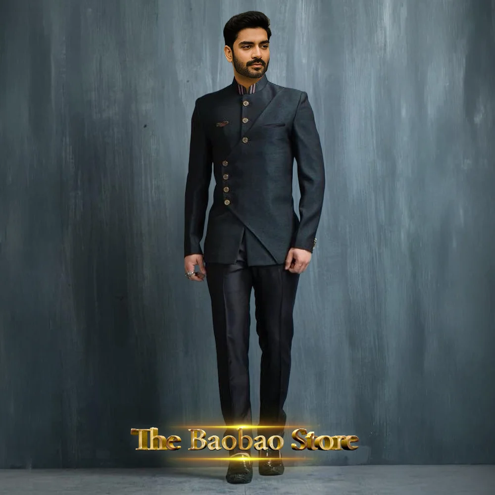 Matching design men's suit 2pcs African/Indian safiri attire customized set with gold button for wedding party formal events