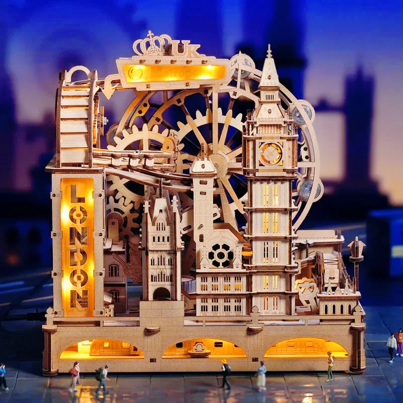 

3D Wooden Puzzle Marble Run Building Kit London City Model with Lights Mechanical DIY Landmark Puzzle for Adults Teens