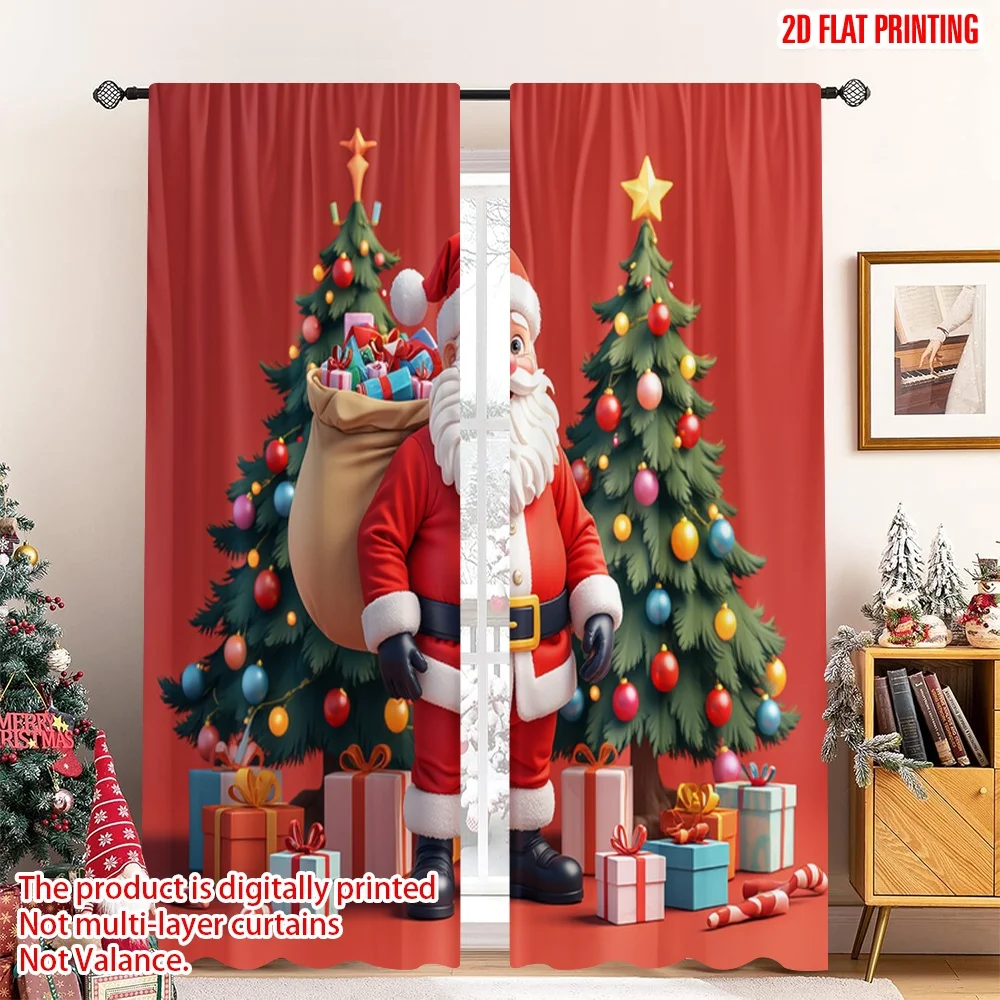 

2pcs 2D flat printing Christmas Curtains Santa Claus Christmas Tree Gifts_f Fabric Without Electricity Festive Wall Decor