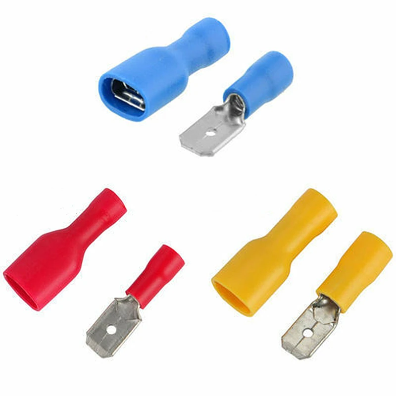 100Pieces Wire Electrical Connector Spade Crimp PVC Butt Splice Wiring Connectors MDD FDFD Insulated Terminals 0.5-6.0mm2 Cable