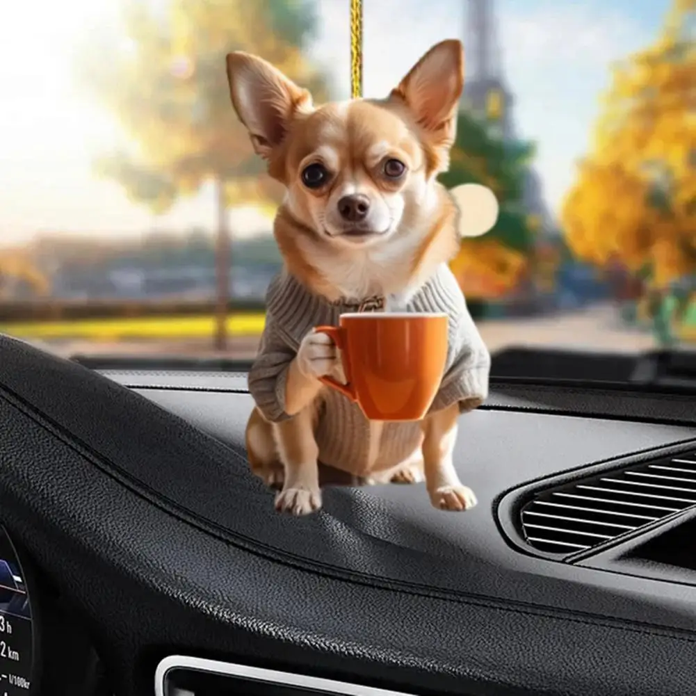 Puppy Drinking Tea Pendant Acrylic Puppy Pendant Car Decoration Double-sided 2d Digital Vision Charm Flat Tea Drinking Puppy