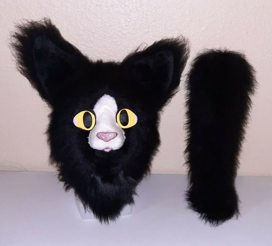 Black Plush Cat Fursuit Partial Animal Costume Kitty Mascot Head and Tail