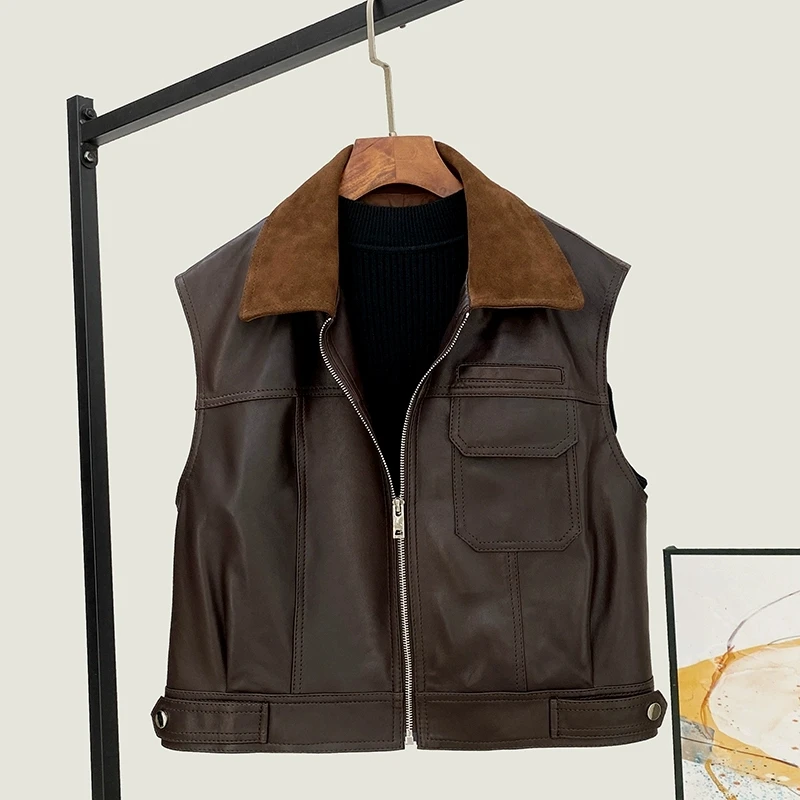 2025 Fall Retro Brown Splicing Suede Lapel Women Waistcoat Tops Fashion Real Leather Casual Loose Short Sheepskin Vest Jackets