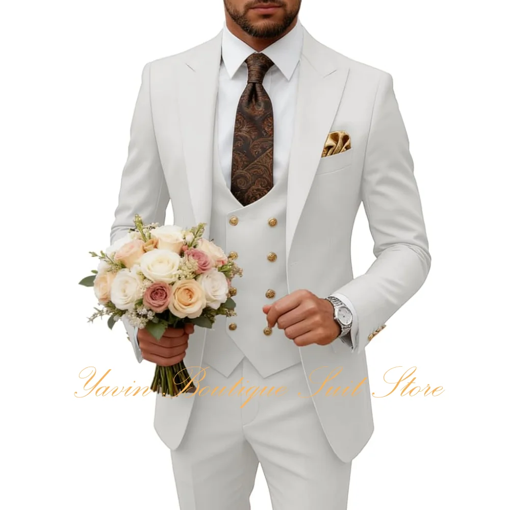 

Formal Mens Tuxedo 3 Piece Slim Fit Double Breasted Suit Men Wedding Prom Business Jacket Vest Pants Set