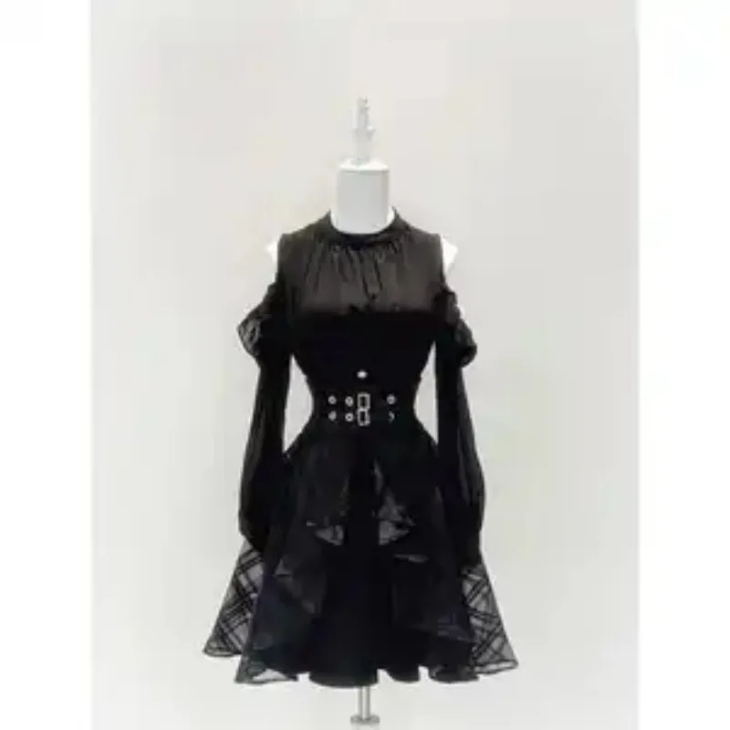 Japanese Style Off Shoulder Chiffon Top High Waist Plaid Skirt Two Piece Summer Dark Gothic Outfit